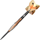 Angled view tungsten dart with bronze grip barrel, detailed flight design, and black point isolated on white background