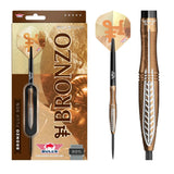 Bronzo Flux 90 percent tungsten dart full view with packaging, showing steel tip, textured barrel and gold flight design