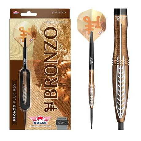 Bronzo Flux 90 percent tungsten dart full view with packaging, showing steel tip, textured barrel and gold flight design