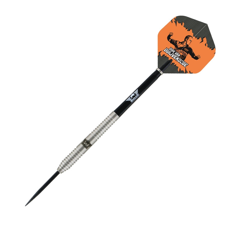 Steel tip tungsten dart full view on white background, knurled grip, Dirk Van Duijvenbode orange flight, ideal for precision dart players