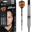 Steel tip tungsten darts in retail packaging with close-up of knurled grip barrel and signature Dirk van Duijvenbode flights