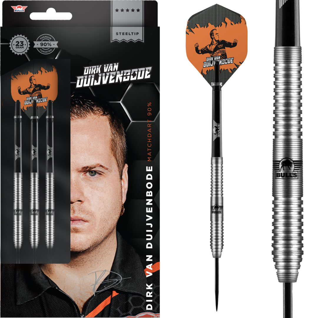 Steel tip tungsten darts in retail packaging with close-up of knurled grip barrel and signature Dirk van Duijvenbode flights