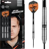 Steel tip tungsten darts in retail packaging with close-up of knurled grip barrel and signature Dirk van Duijvenbode flights
