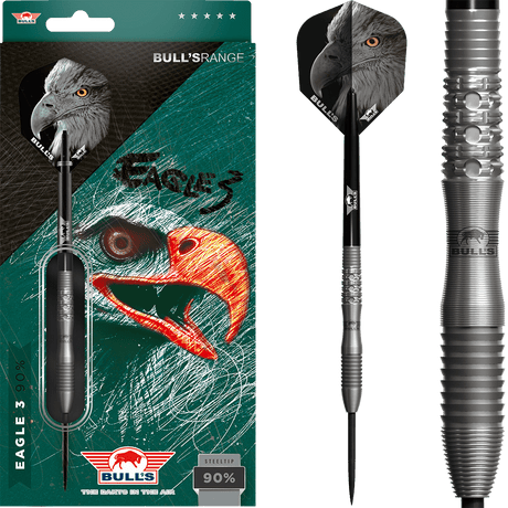 Steel tip tungsten darts in packaging with eagle design, full dart view and close-up showing ringed precision grip barrel