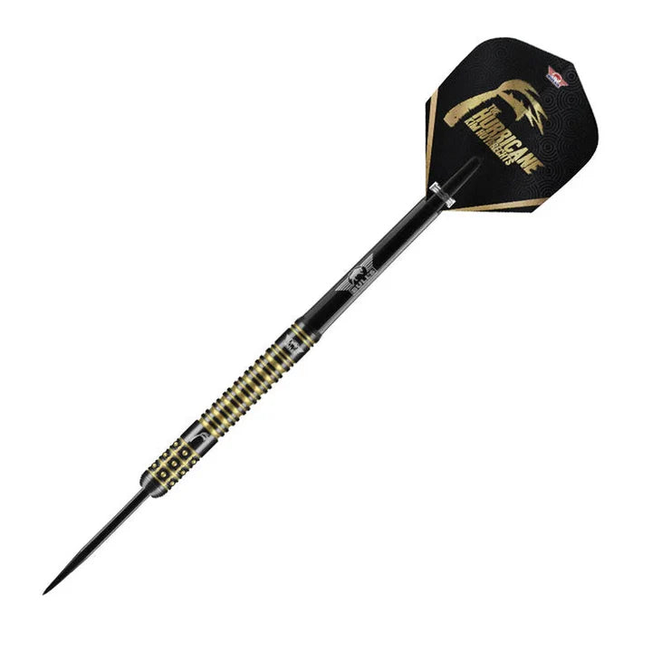 Single 90% tungsten dart with gold ringed grip, black shaft, and custom Kim Huybrechts flight, isolated on white background
