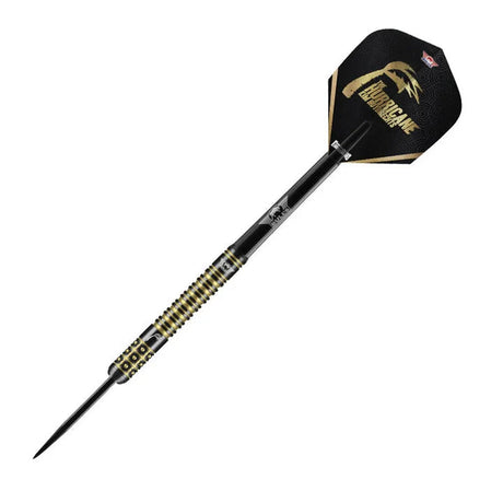 Single 90% tungsten dart with gold ringed grip, black shaft, and custom Kim Huybrechts flight, isolated on white background