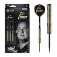 Steel tip tungsten darts set in retail packaging with close-up of black and gold grooved barrels and custom signature flights