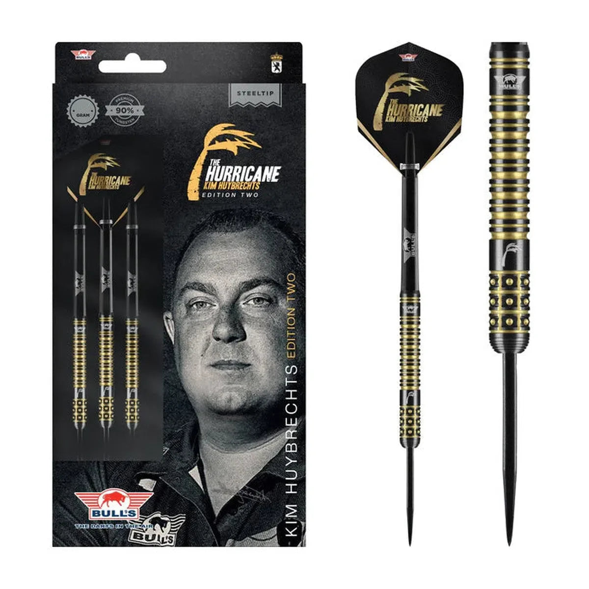 Steel tip tungsten darts set in retail packaging with close-up of black and gold grooved barrels and custom signature flights