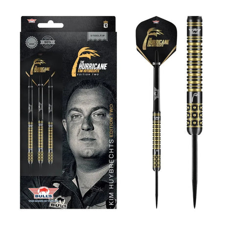 Steel tip tungsten darts set in retail packaging with close-up of black and gold grooved barrels and custom signature flights