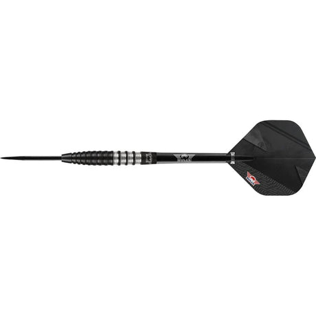 Black tungsten dart full side view on white background, highlighting precision ringed grip, sleek barrel, and textured dart flight.