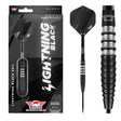 Steel tip tungsten dart set in retail packaging with close-up of black grooved barrel grip and black flight, isolated on white