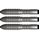 Close-up of three tungsten dart barrels with detailed grip grooves, aligned side by side on white background