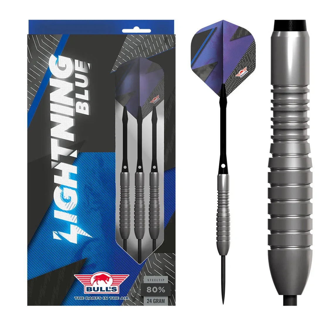 Lightning Blue 80% tungsten darts set in retail packaging, single dart isolated on white and close-up showing precision grip grooves