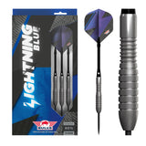 Lightning Blue 80% tungsten darts set in retail packaging, single dart isolated on white and close-up showing precision grip grooves