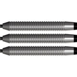 Close-up of three tungsten dart barrels with ringed grip texture, detailed barrel machining, isolated on white background