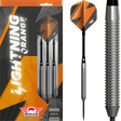 Lightning Orange 80% tungsten steel tip darts in retail packaging with close-up on textured grip and orange-black flights