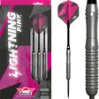 Lightning Pink tungsten darts in retail packaging, close-up on barrel grip rings, steel tip, pink and black flights, set of three