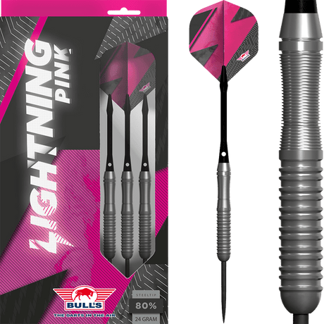 Lightning Pink tungsten darts in retail packaging, close-up on barrel grip rings, steel tip, pink and black flights, set of three