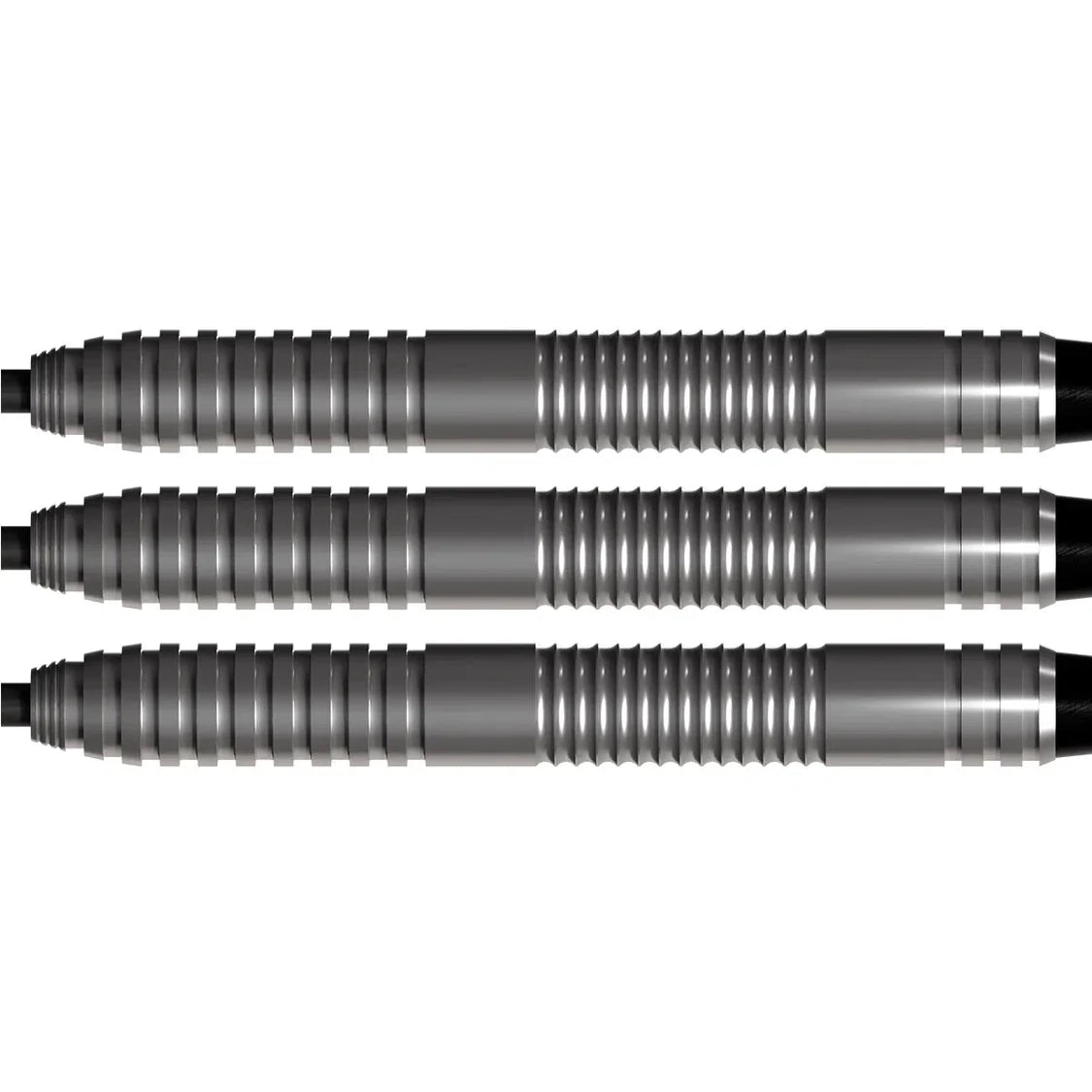 Close-up of three 80 percent tungsten dart barrels showing ringed grip texture and knurling, isolated on white background