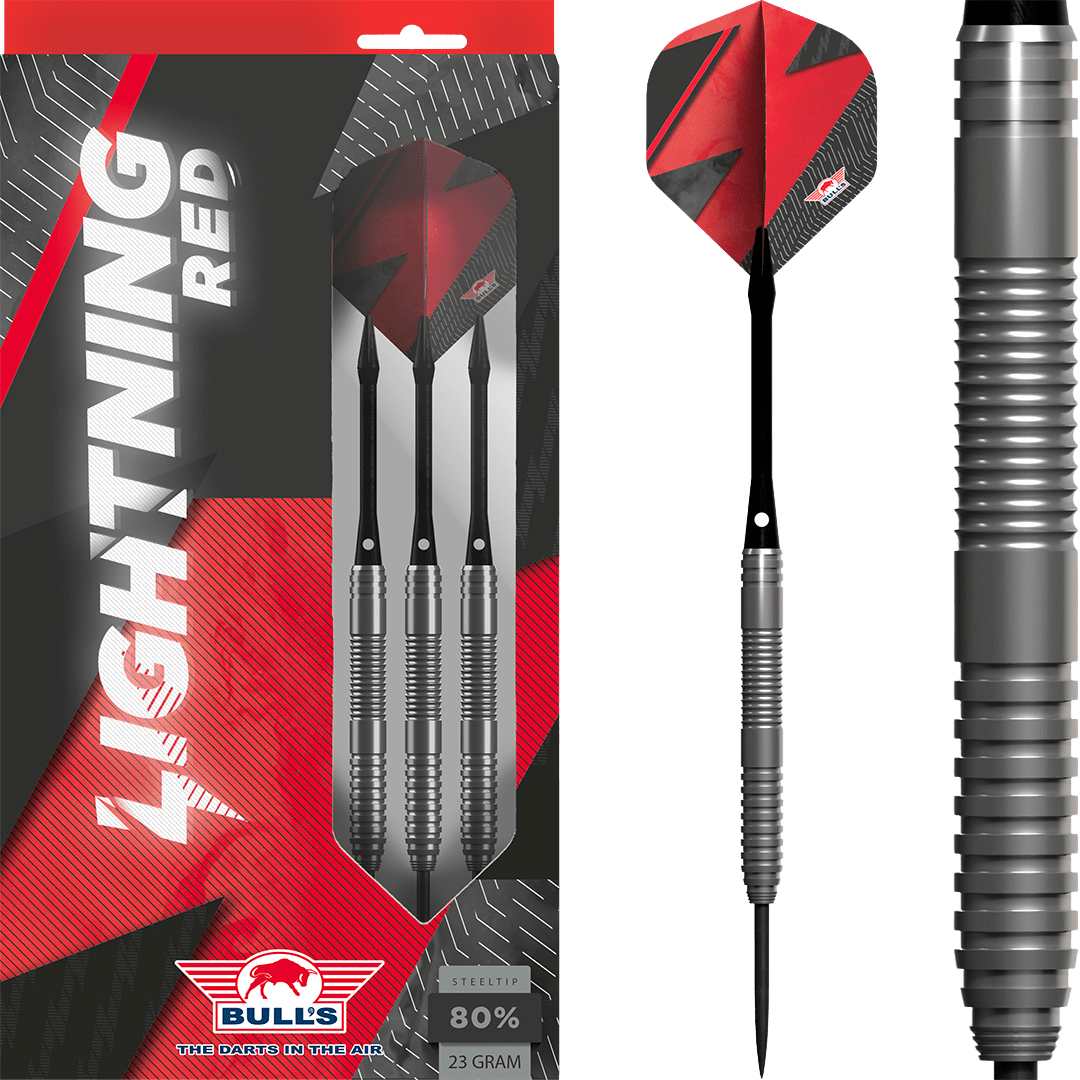 Steel tip darts in retail packaging and close-up of grooved tungsten barrel with red black flights, ideal for competitive dart players