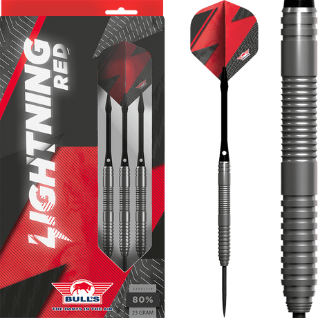 Steel tip darts in retail packaging and close-up of grooved tungsten barrel with red black flights, ideal for competitive dart players