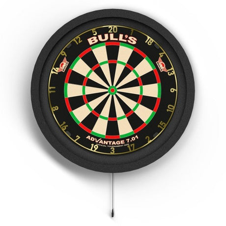 Top-down view of dartboard with circular LED lighting surround system and power cord, isolated on white for darts setup