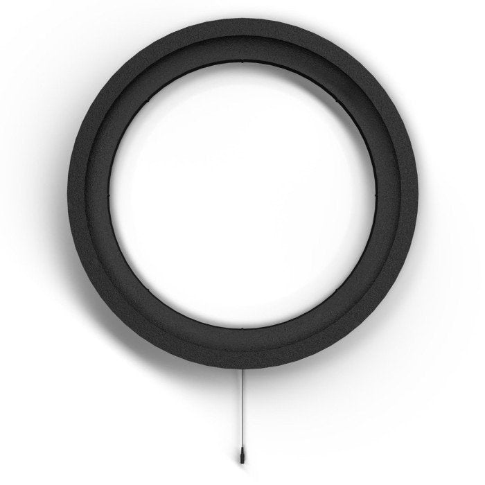 Top-down view of dartboard lighting surround system with circular black frame, isolated on white background