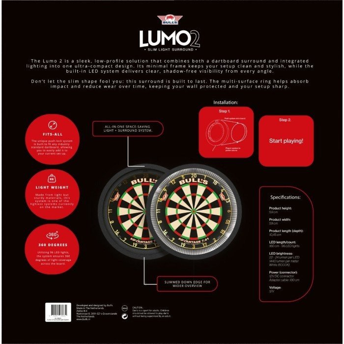 Back-of-box view showing two dartboards with Lumo 2 LED dartboard light surround, feature icons, install guide, and dart lighting specs