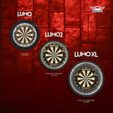 Three dartboard lighting surrounds compared in full view, highlighting lighting coverage for Lumo, Lumo2, and Lumo XL systems