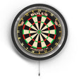 Top-down view of dartboard with integrated Lumo 2 LED lighting surround and power cord, isolated for dart setup display