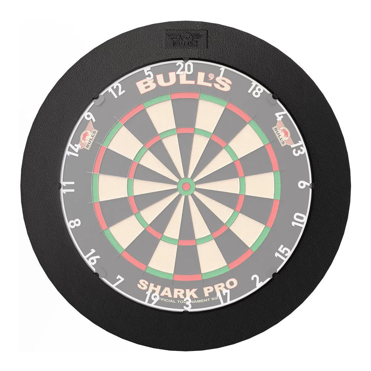Top-down view of dartboard with extra thin black light surround, showing slim profile and seamless fit for darts protection and illumination