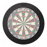 Top-down view of dartboard with extra thin black light surround, showing slim profile and seamless fit for darts protection and illumination
