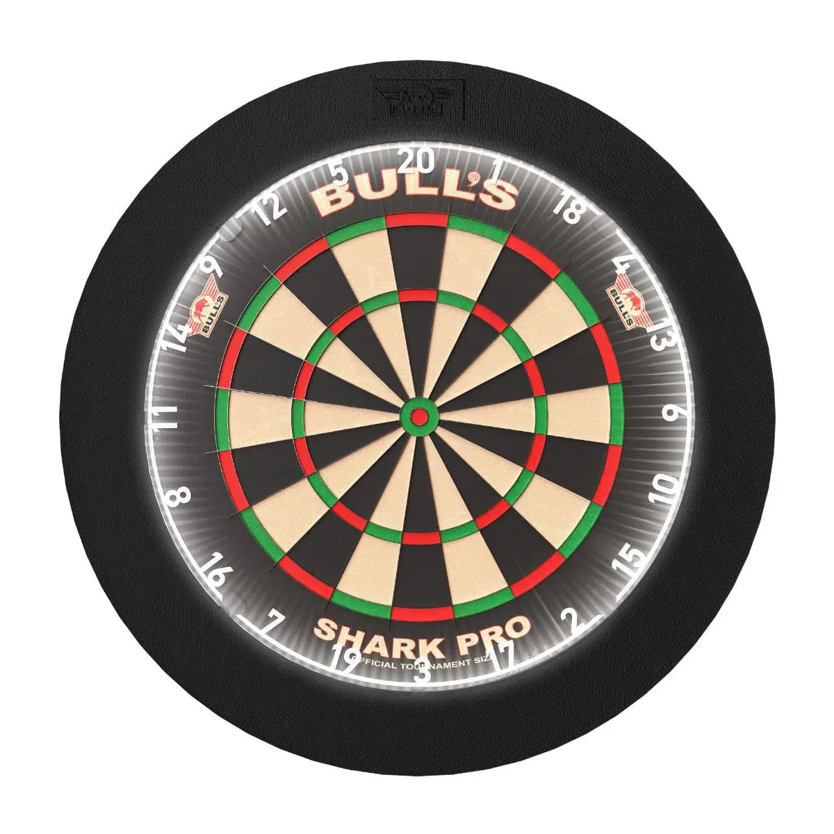 Top-down view of dartboard with extra thin illuminated light surround ring, showing full board coverage and protective dart equipment design