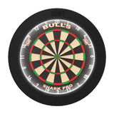 Top-down view of dartboard with extra thin illuminated light surround ring, showing full board coverage and protective dart equipment design