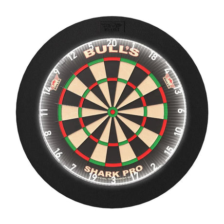 Top-down view of dartboard with extra thin illuminated light surround ring, showing full board coverage and protective dart equipment design