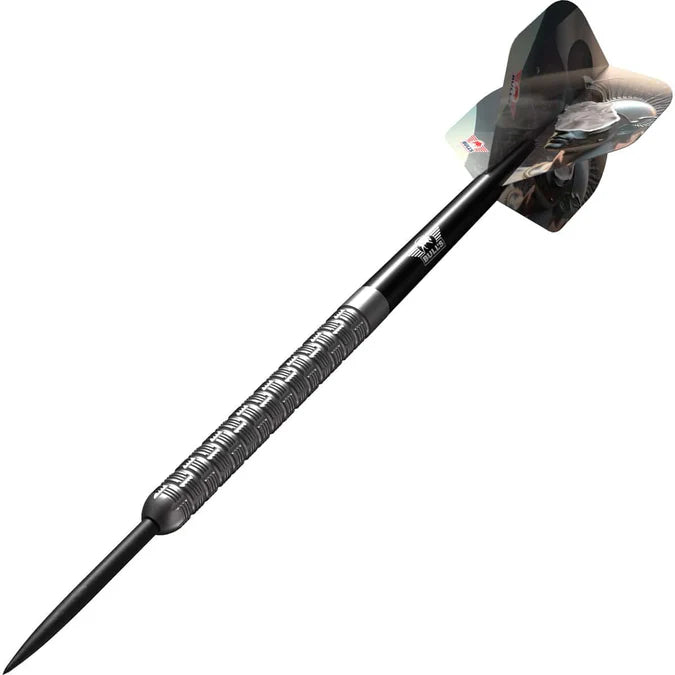 Angled dart view showing 90% tungsten barrel grip texture and custom flight, isolated on white background