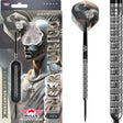 Steel tip tungsten dart in retail packaging, single dart isolated, and close-up of precision ring grip barrel