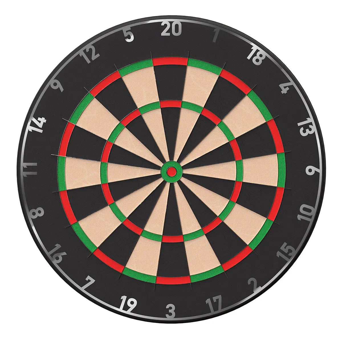 Top-down view of dartboard with metal number ring, showing silver digits and classic dartboard layout on white background