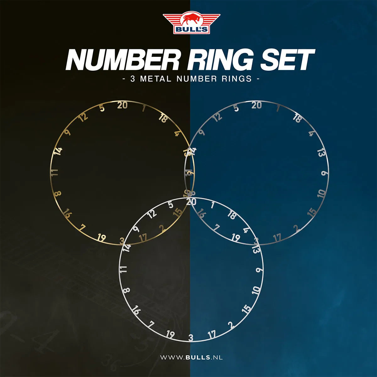 Top-down display of three metal dartboard number rings in gold, silver, and white, isolated and overlapping for dartboard customization