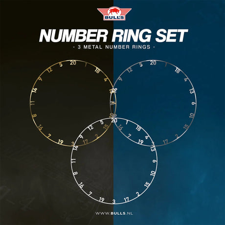 Top-down display of three metal dartboard number rings in gold, silver, and white, isolated and overlapping for dartboard customization