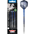 Three 95% tungsten darts in retail packaging with one blue dart isolated, showing ringed grip barrel and Pegasus-themed flight design.