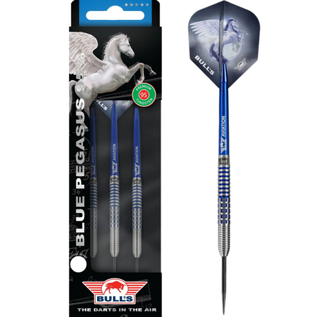 Three 95% tungsten darts in retail packaging with one blue dart isolated, showing ringed grip barrel and Pegasus-themed flight design.