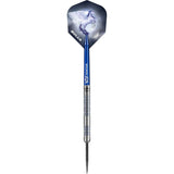 Full view of 95% tungsten dart with blue shaft, precision grip barrel, and Pegasus flight, isolated on white background
