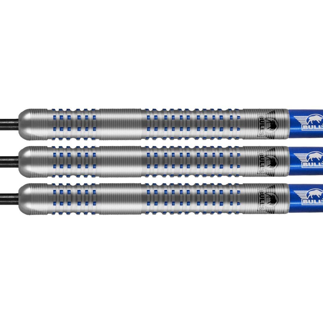 Close-up angled view of three 95% tungsten darts with precision ringed barrel grip and blue accents, isolated on white background