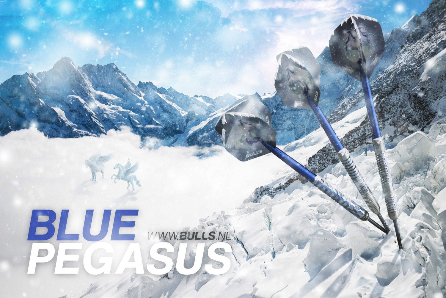 Three blue 95% tungsten darts with textured grips and custom flights angled in snowy mountain setting, lifestyle winter dart scene