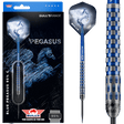 Steel tip tungsten darts shown in retail packaging with close-up of blue ringed grip barrel and Pegasus flight design