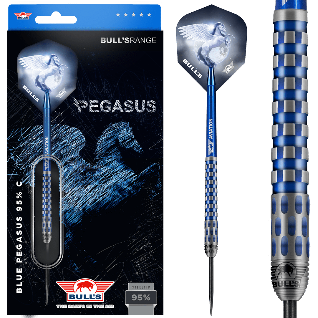 Steel tip tungsten darts shown in retail packaging with close-up of blue ringed grip barrel and Pegasus flight design