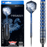 Steel tip tungsten darts shown in retail packaging with close-up of blue ringed grip barrel and Pegasus flight design