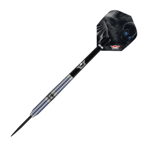 Phantom Grip Blue 80% tungsten dart angled view with blue ringed barrel, black shaft, and skull flight design on white background