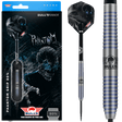 Steel tip dart with blue ringed 80% tungsten grip in close-up, next to retail packaging and skull graphic flight design.